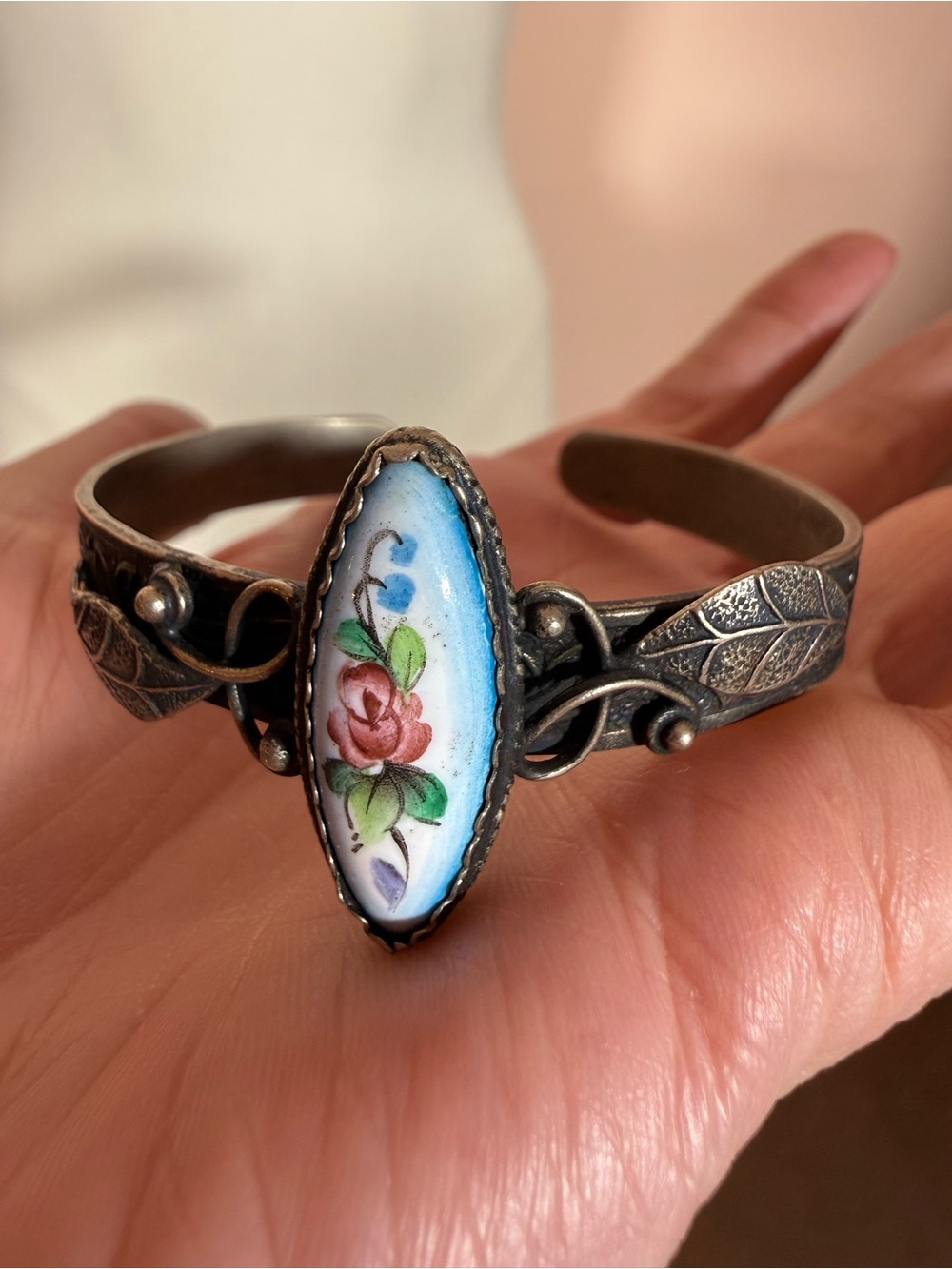 Vintage Russian Rostov Finift Hand Painted silver cuff bracelet Victorian Boho - Picture 16 of 16